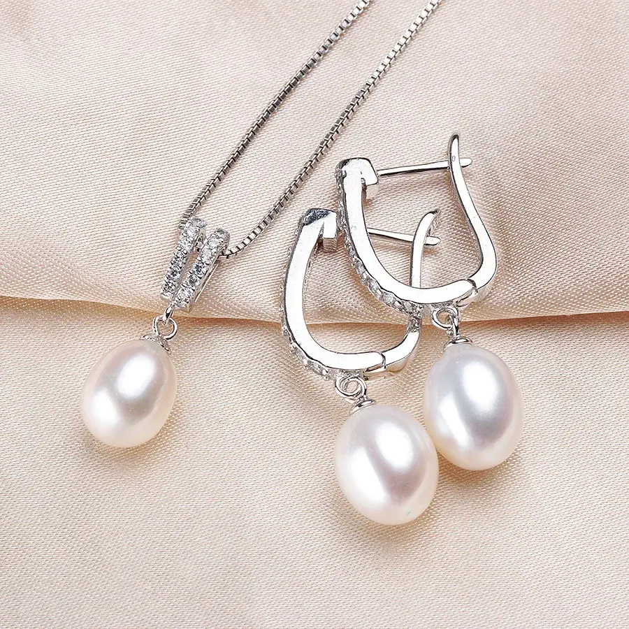 Thumbnail: YWYC Horseshoe 8-9mm Rice Freshwater Pearl Earrings&Necklaces Jewelry Set for Wo
