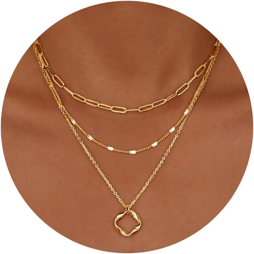 Layered 14k Gold Plated Necklaces for Women Stackable Silver Plated Circle Paper