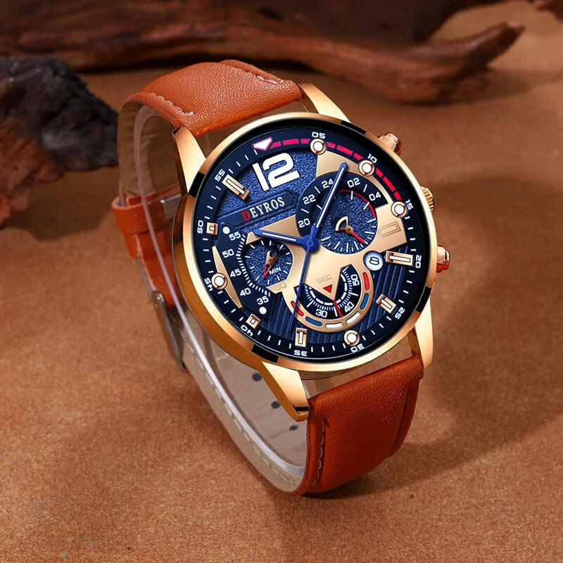 Miniatura: 2PCS Set Fashion Mens Calendar Watches Luxury Male Business Casual Brown Leather