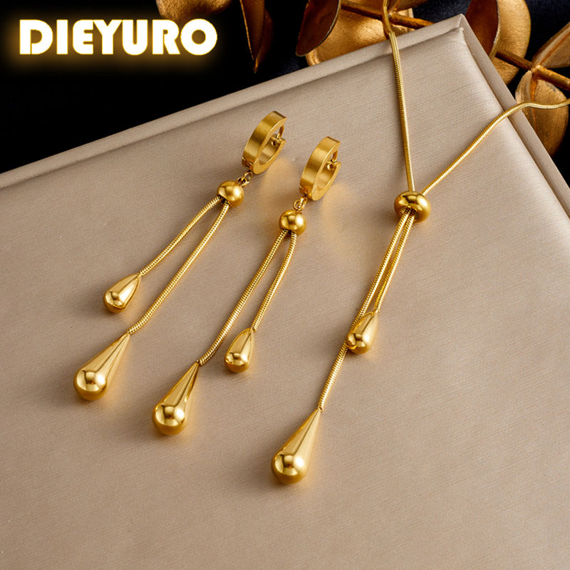DIEYURO 316L Stainless Steel Adjustable Water Droplet Tassels Necklace Earrings