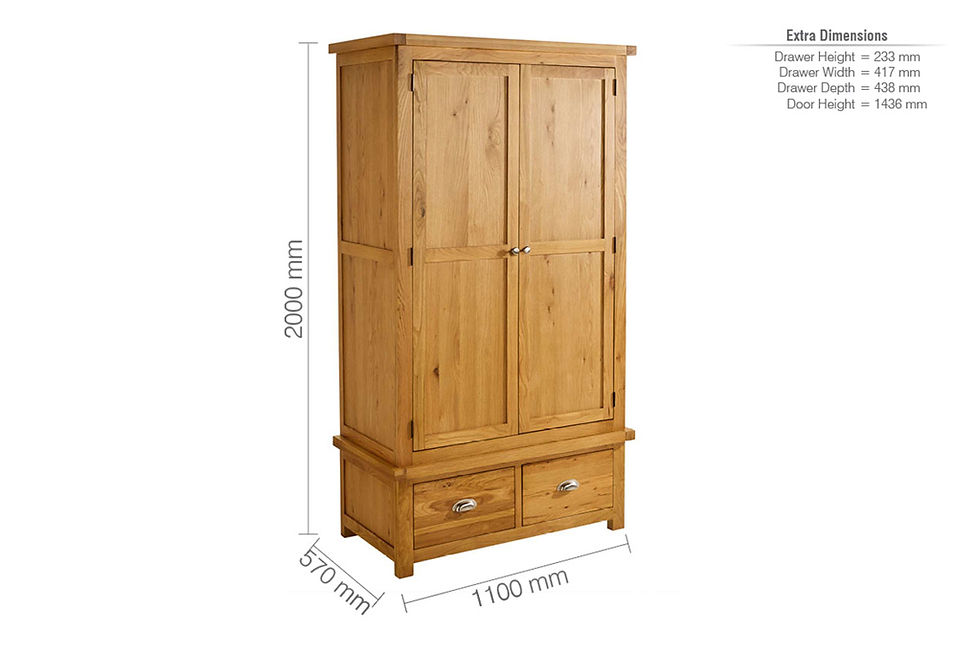 Thumbnail: Solid oak wardrobe, double doors, two drawers. Dimensions 2000, 1100, 570 mm.