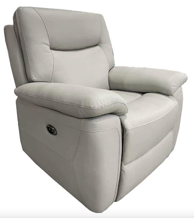 Thumbnail: Light grey leather recliner chair with modern design and comfortable cushioning.