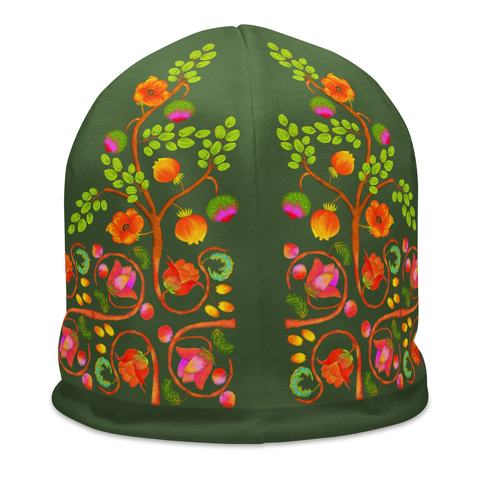 Thumbnail: All-Over Print Beanie - Hand Painted Nature Motifs on Saratoga