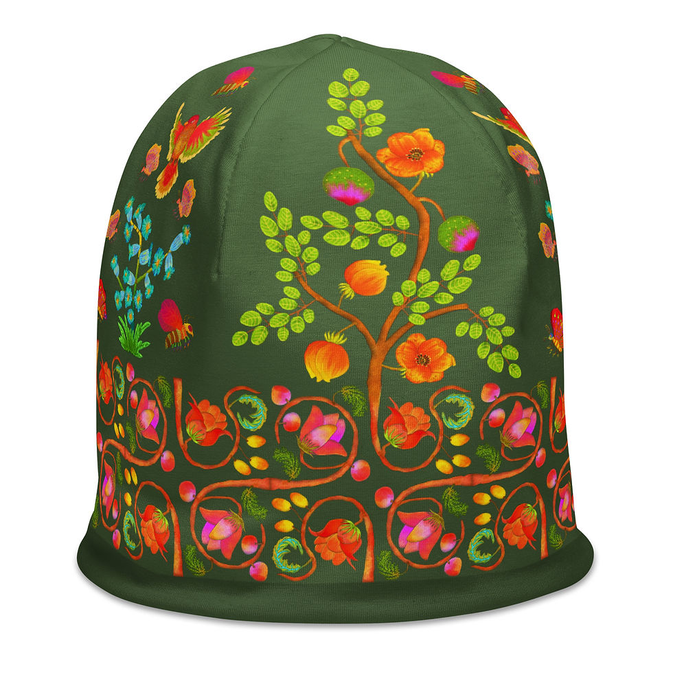 Thumbnail: All-Over Print Beanie - Hand Painted Nature Motifs on Saratoga