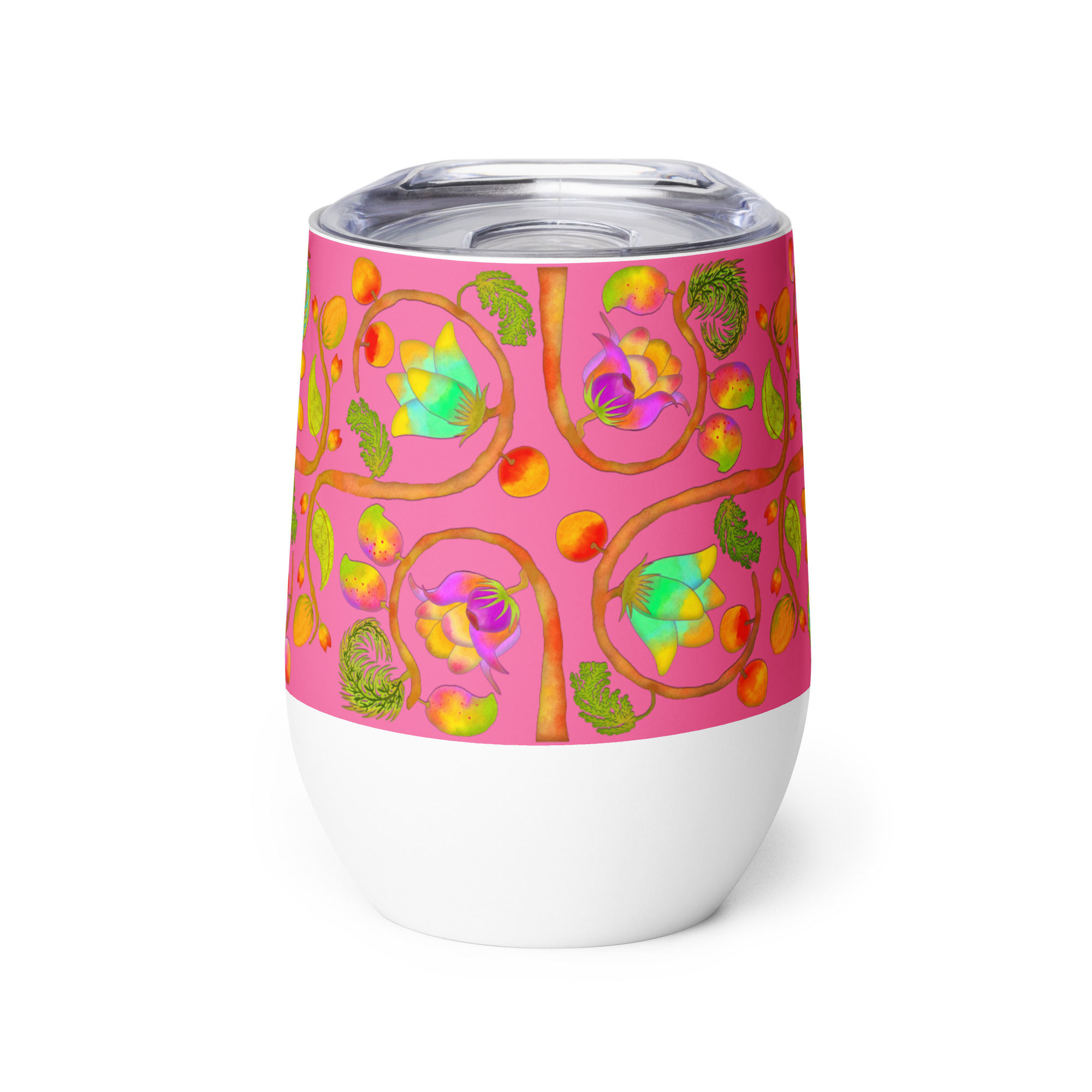 Wine tumbler - Hand Painted Red Nature Motifs on Brilliant Rose