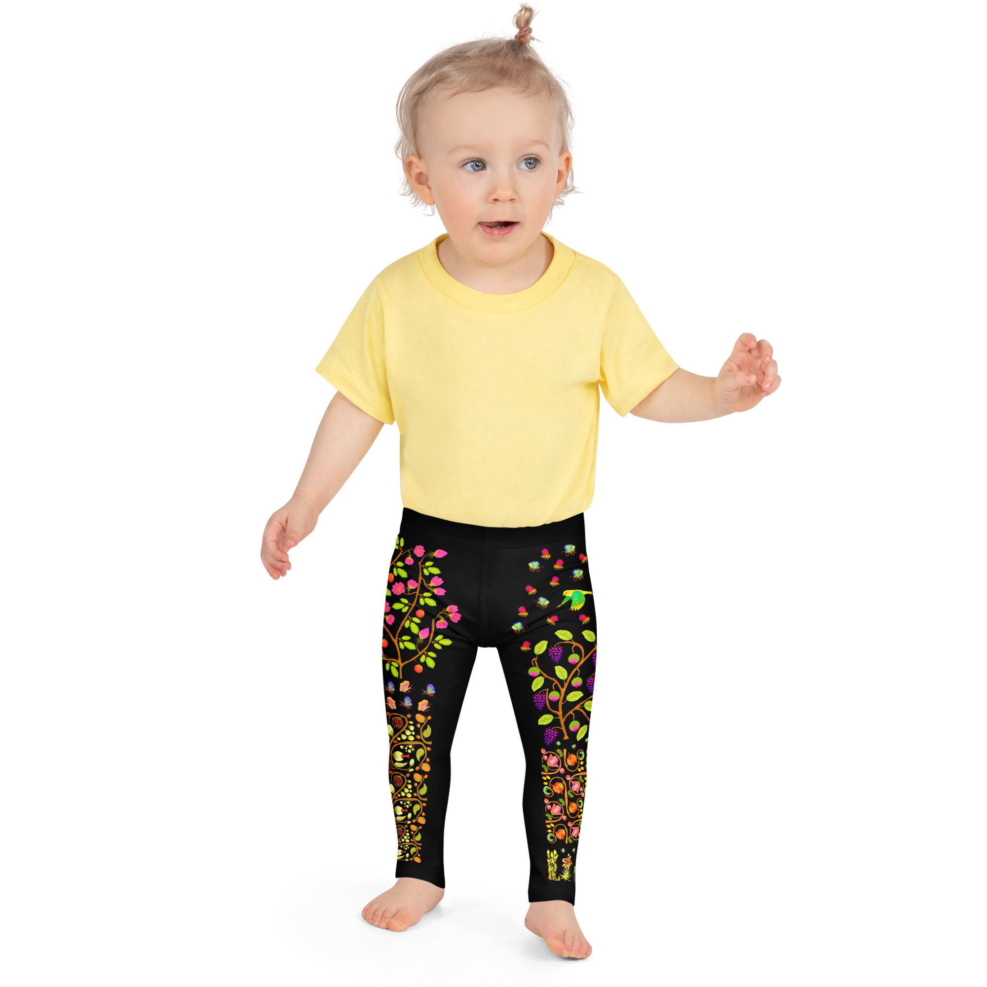 Kid's Leggings - Hand Painted Nature Motifs on Black