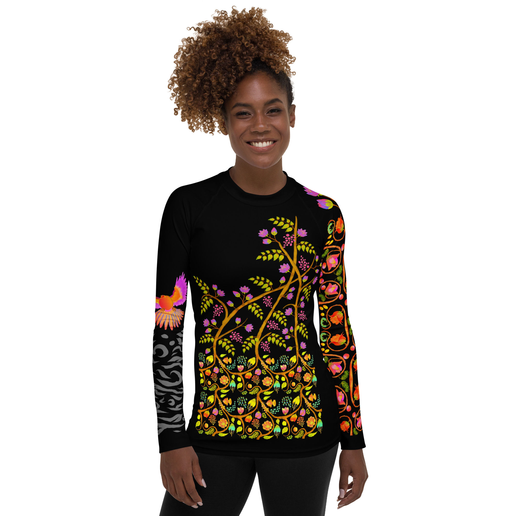 Women's Rash Guard - Hand Painted and Printed Nature Motifs on Black