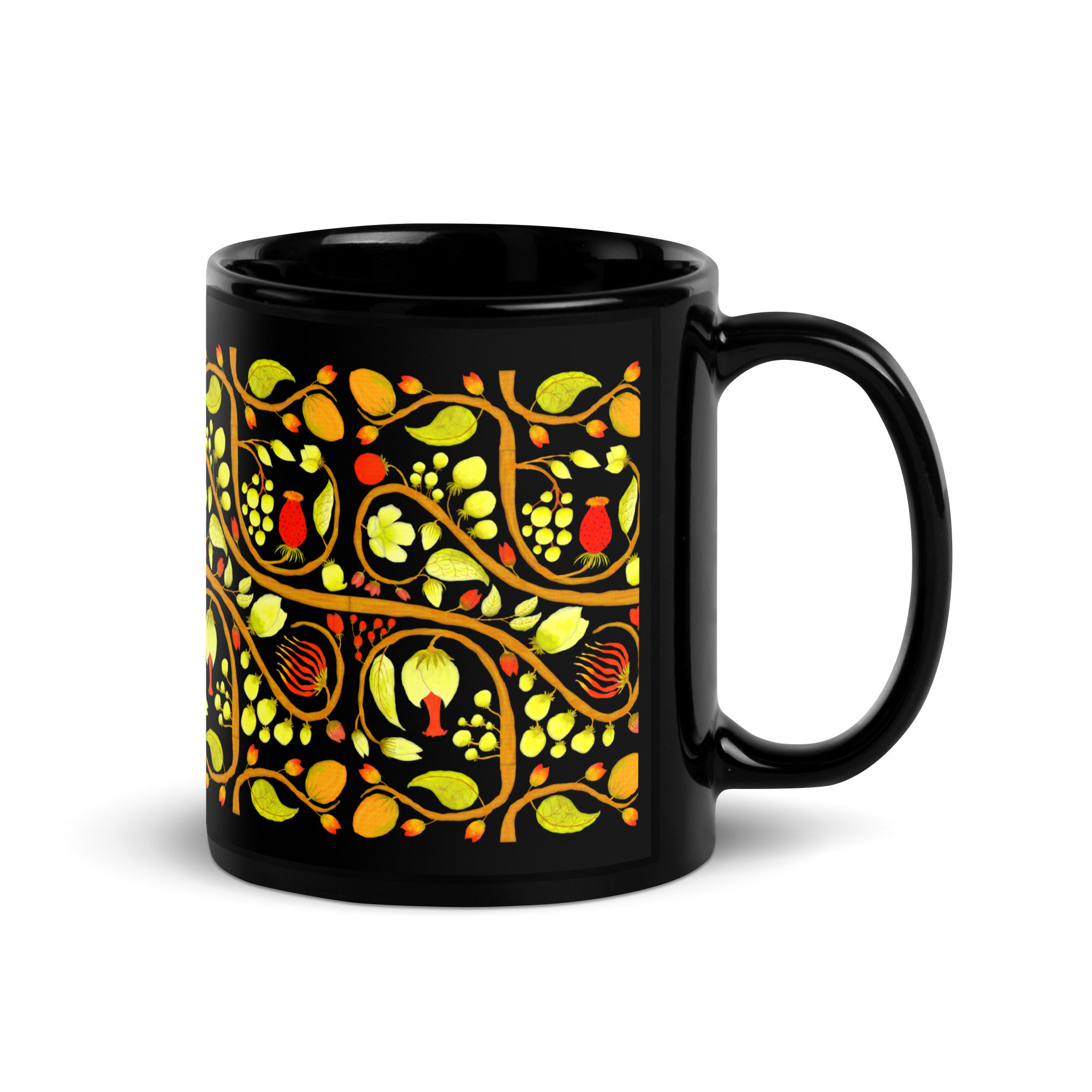 Black Glossy Mug - Hand Painted Nature Motifs