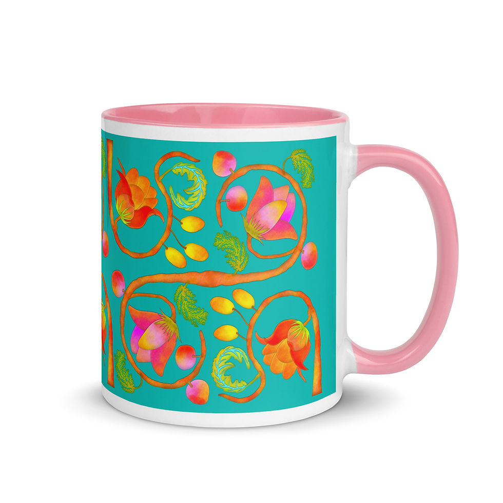 Thumbnail: Mug with Color Inside - Hand Painted Red Nature Motifs on Iris Blue