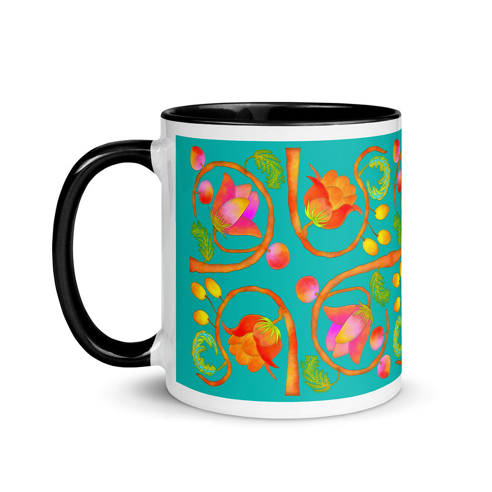 Thumbnail: Mug with Color Inside - Hand Painted Red Nature Motifs on Iris Blue