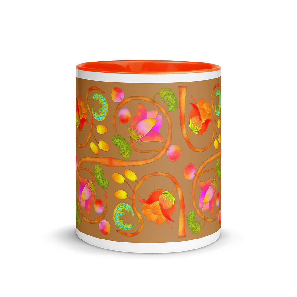 Thumbnail: Mug with Color Inside - Hand Painted Red Nature Motifs on Nude