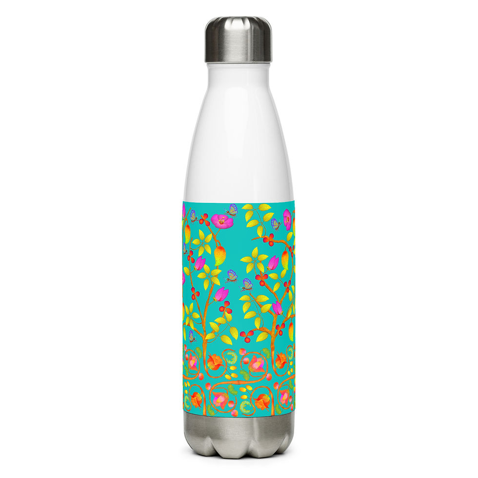 Thumbnail: Stainless Steel Water Bottle - Hand Painted Red Nature Motifs on Iris Blue