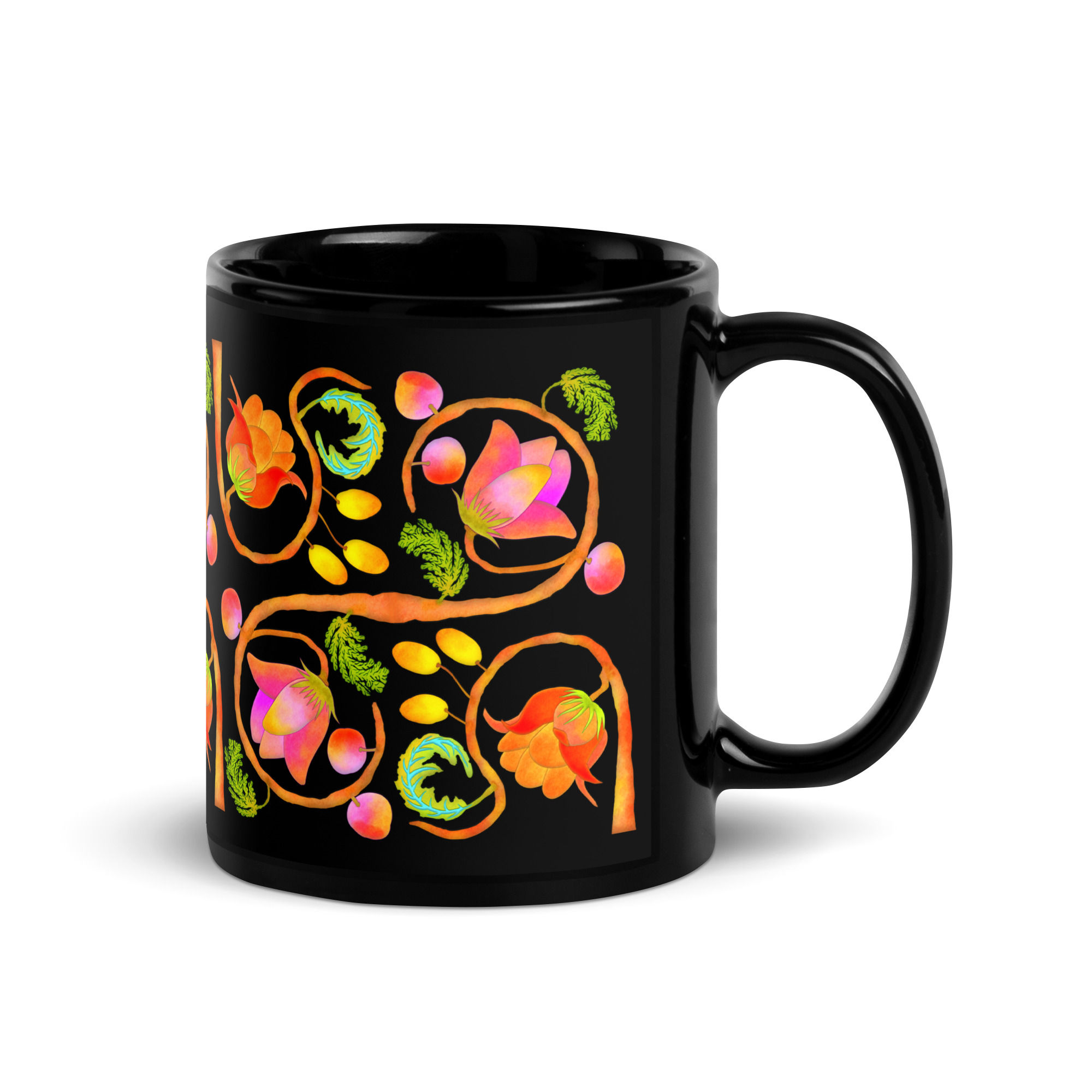 Black Glossy Mug - - Hand Painted Red Nature Motifs on Black