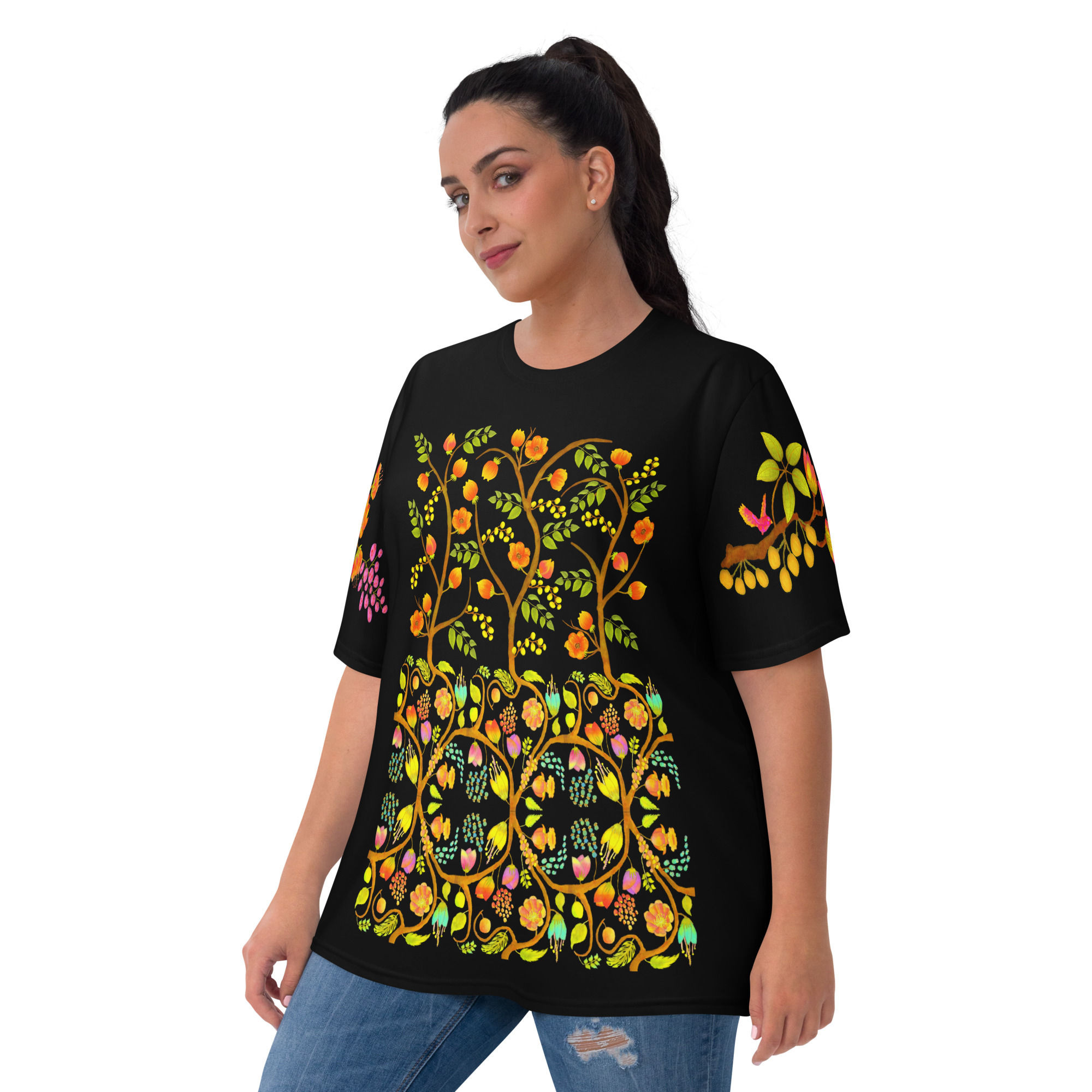 Women's T-shirt - Hand Painted and Printed Nature Motifs on Black