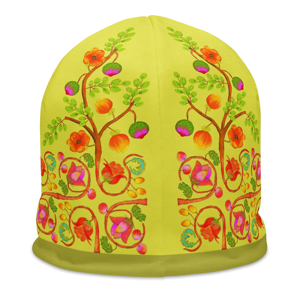 Thumbnail: All-Over Print Beanie - Hand Painted Nature Motifs on Paris Daisy 2