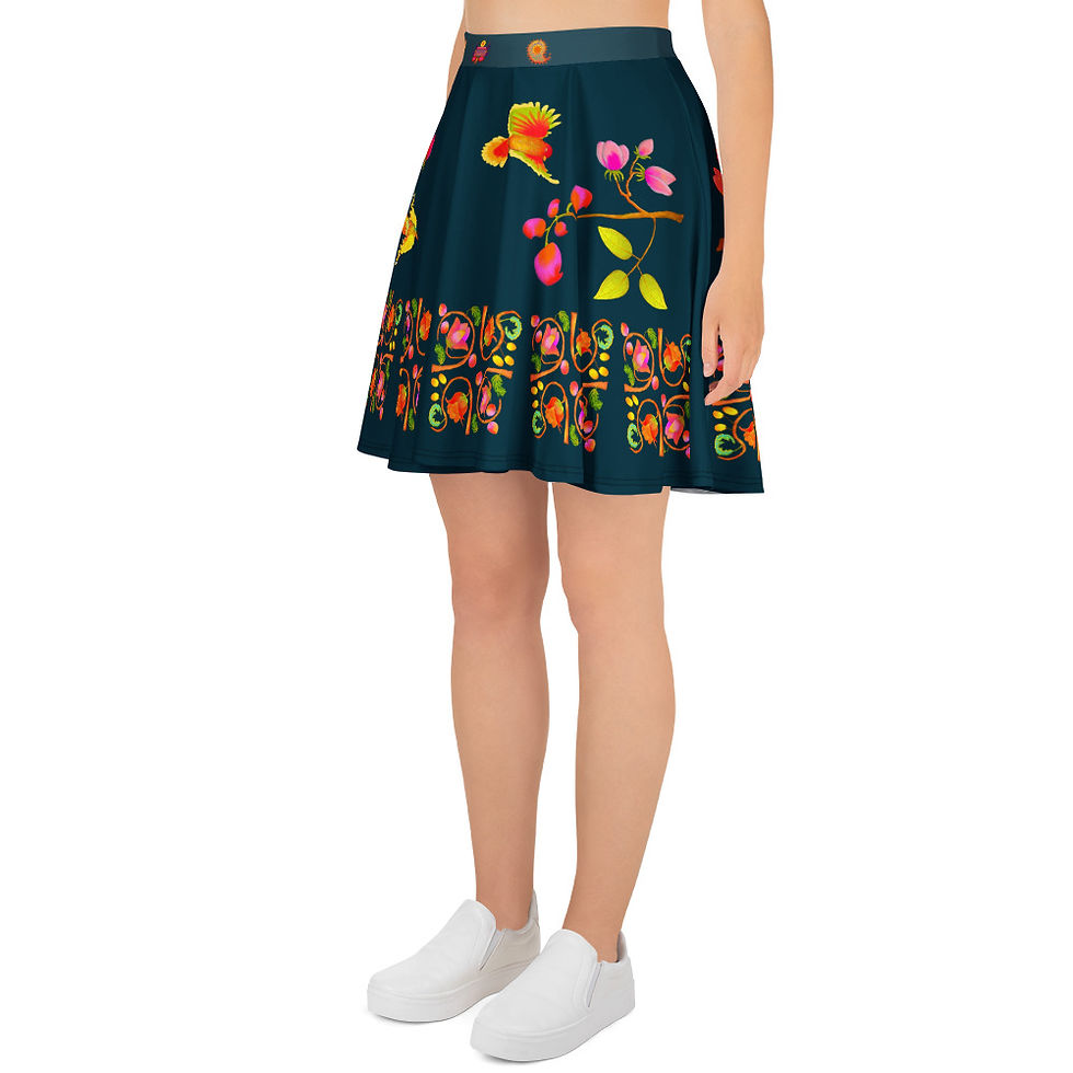 Thumbnail: Skater Skirt - Hand Painted and Printed Nature Motifs on Blue Whale