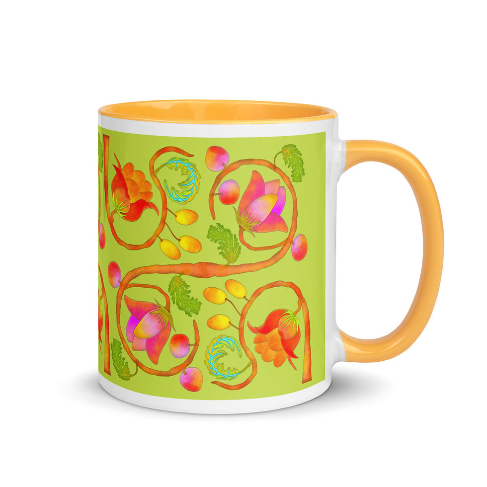 Thumbnail: Mug with Color Inside - Hand Painted Red Nature Motifs on Mindaro