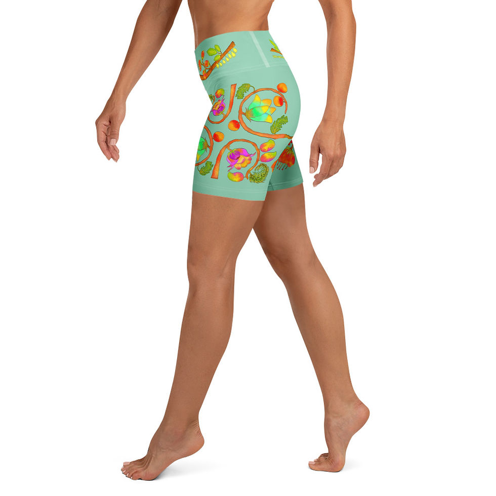 Thumbnail: Yoga Shorts -Hand Painted Nature Motifs on Vista Blue