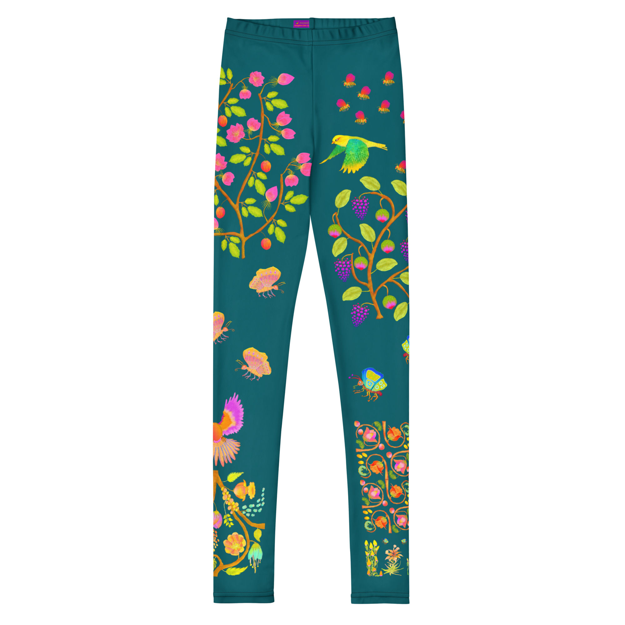 Youth Leggings - Hand Painted Nature Motifs on Sherpa Blue