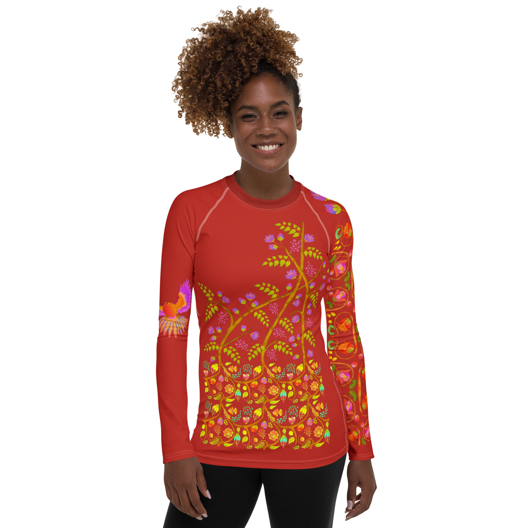 Women's Rash Guard - Hand Painted and Printed Nature Motifs on Harley Red
