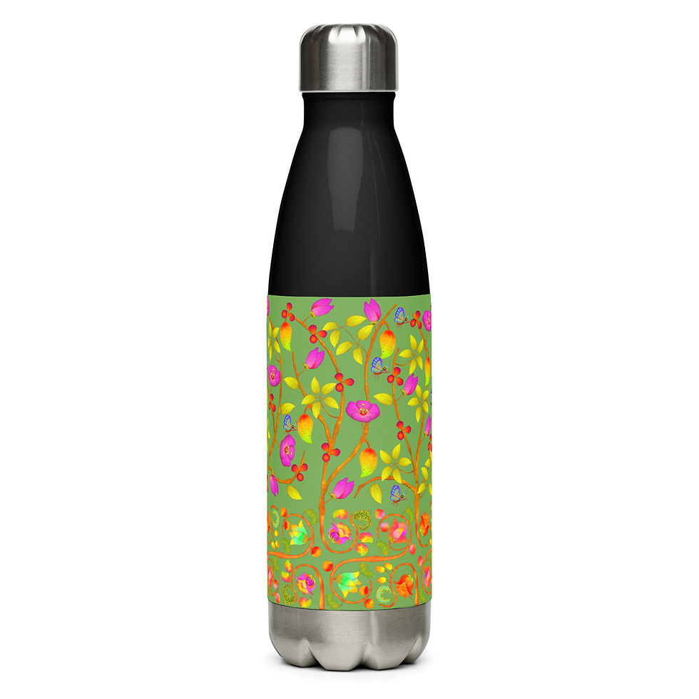 Thumbnail: Stainless Steel Water Bottle - Hand Painted Red Nature Motifs on Green