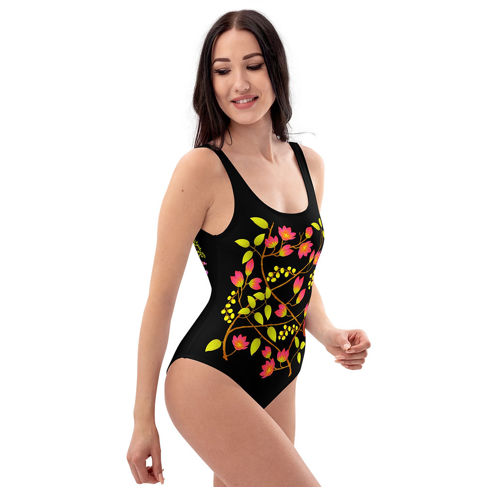 Thumbnail: One-Piece Swimsuit - Hand Painted and Printed Nature Motifs on Black