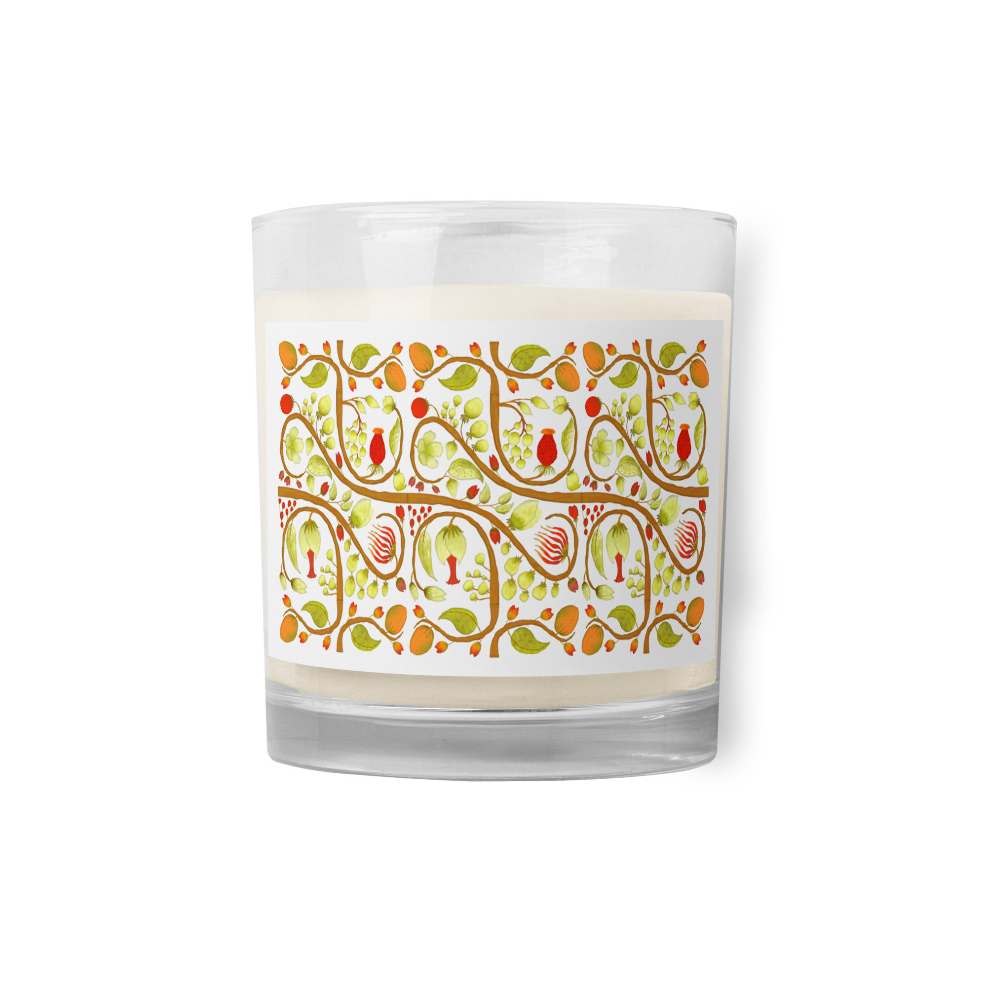 Glass jar soy wax candle - Hand Painted Nature Motifs on White