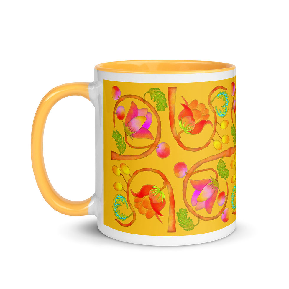 Thumbnail: Mug with Color Inside - Hand Painted Red Nature Motifs on Yellow