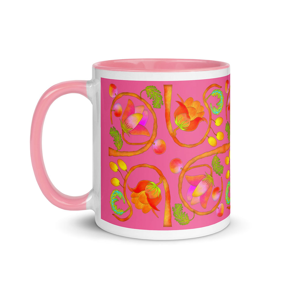 Thumbnail: Mug with Color Inside - Hand Painted Red Nature Motifs on Brilliant Rose
