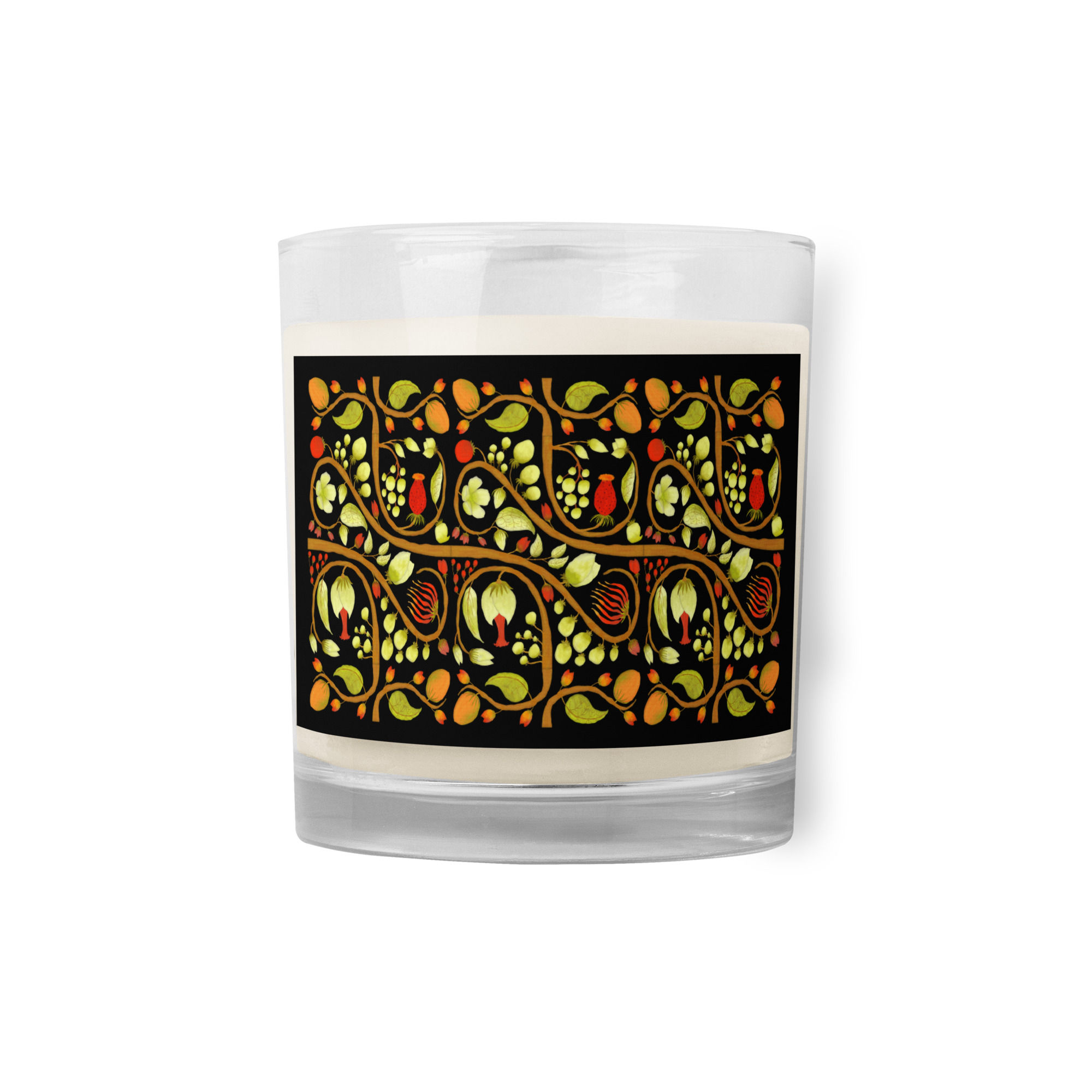 Glass jar soy wax candle - Hand Painted Nature Motifs on Black