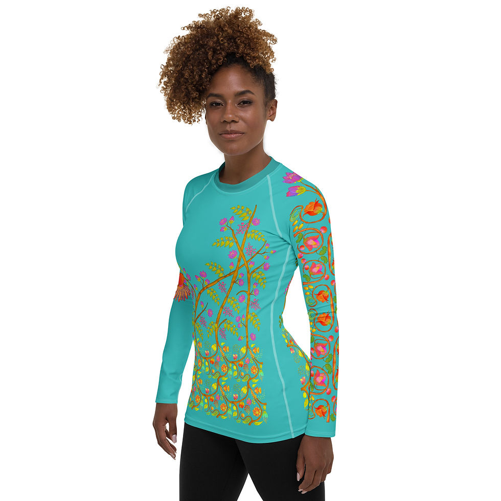 Thumbnail: Women's Rash Guard - Hand Painted and Printed Nature Motifs on Dark Turquoise