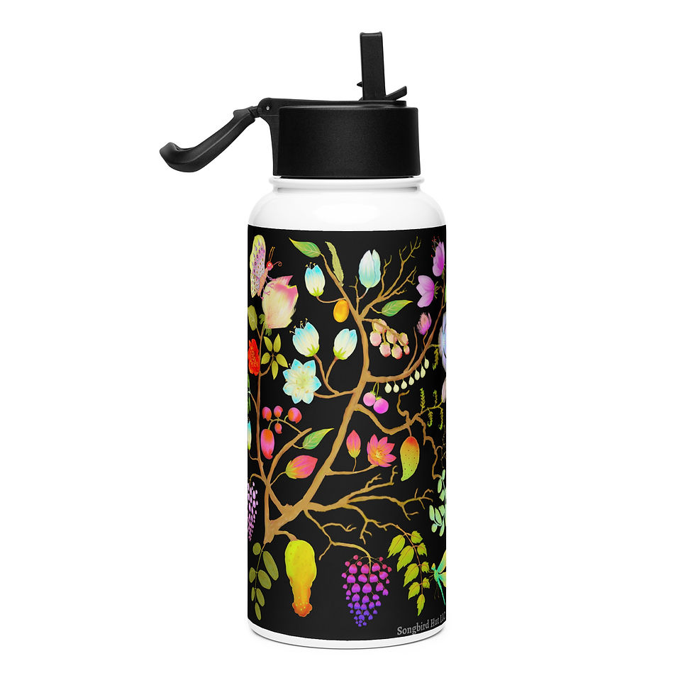 Thumbnail: Stainless steel water bottle with a straw lid - Nature Motifs on Black