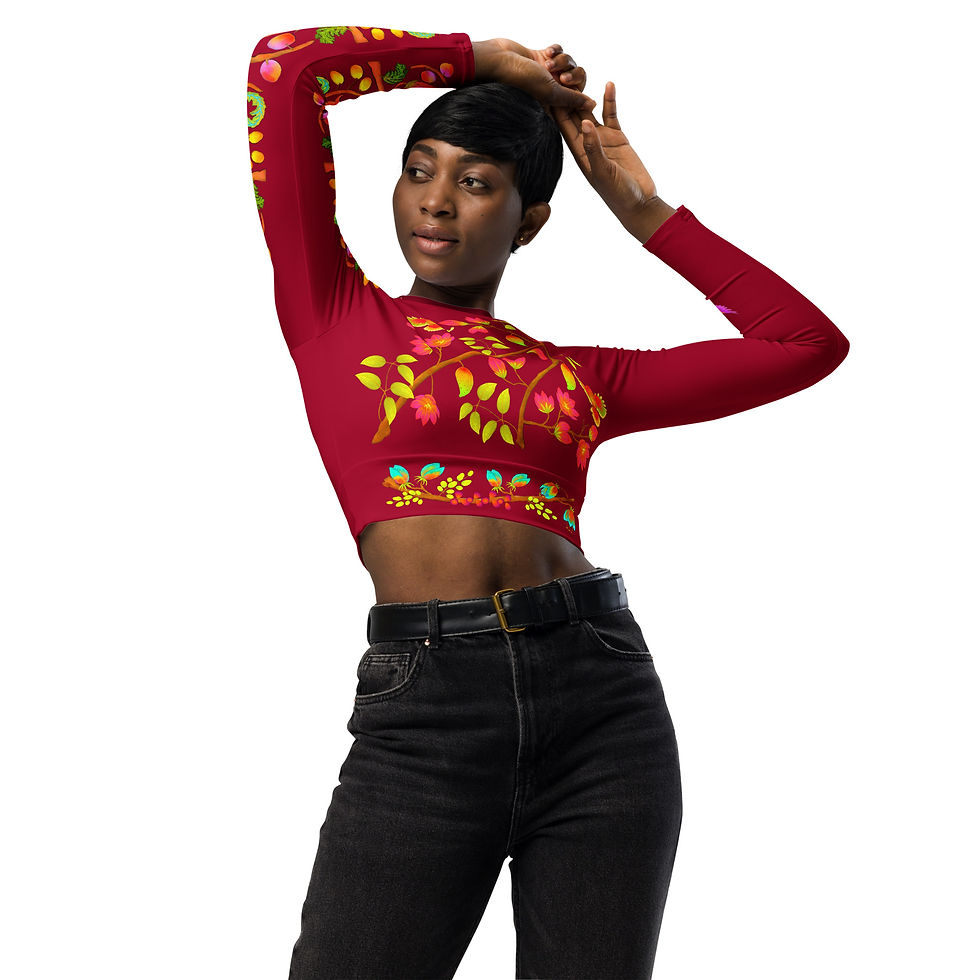 Thumbnail: Long-sleeve crop top - Hand Painted and Printed Nature Motifs on Carmine