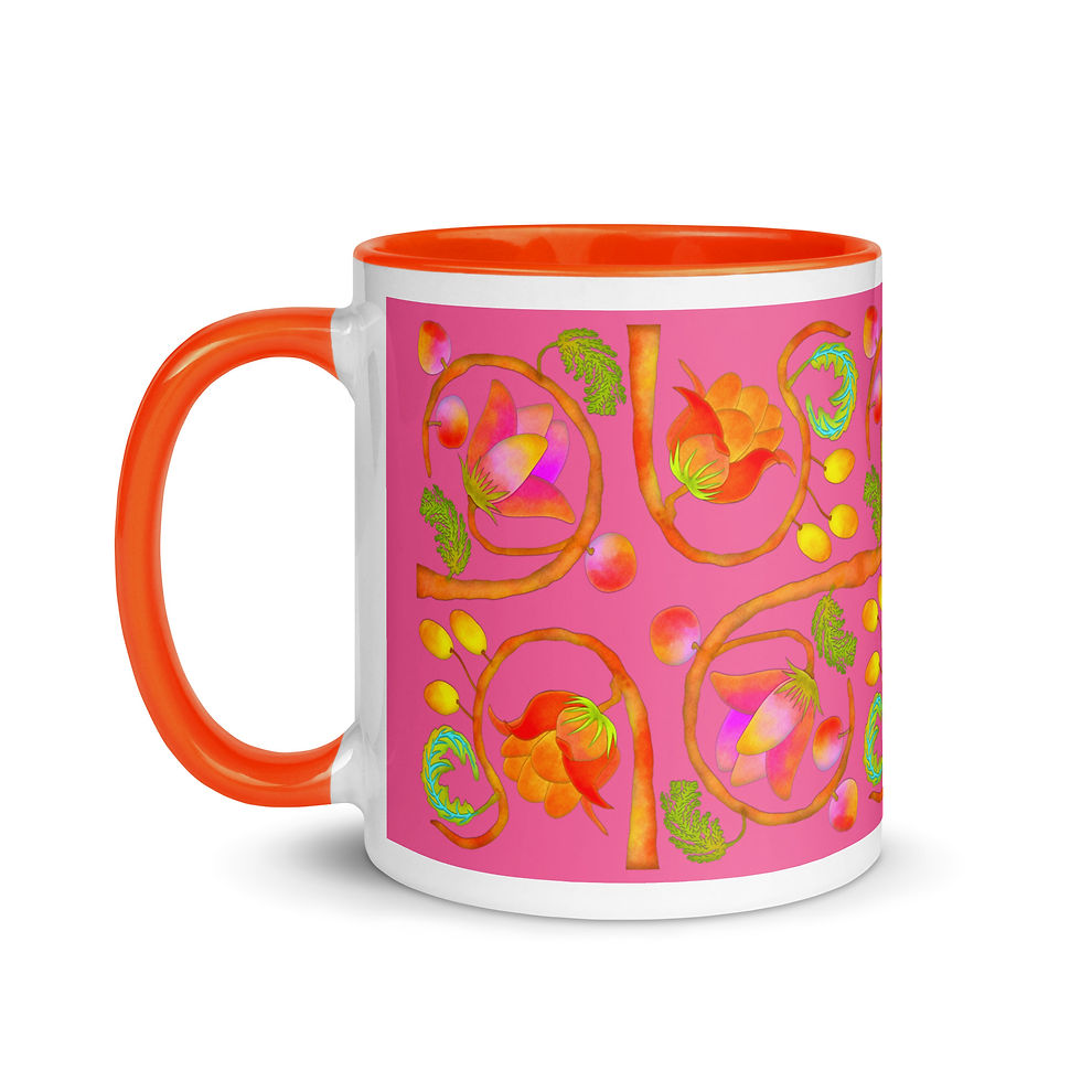 Thumbnail: Mug with Color Inside - Hand Painted Red Nature Motifs on Brilliant Rose