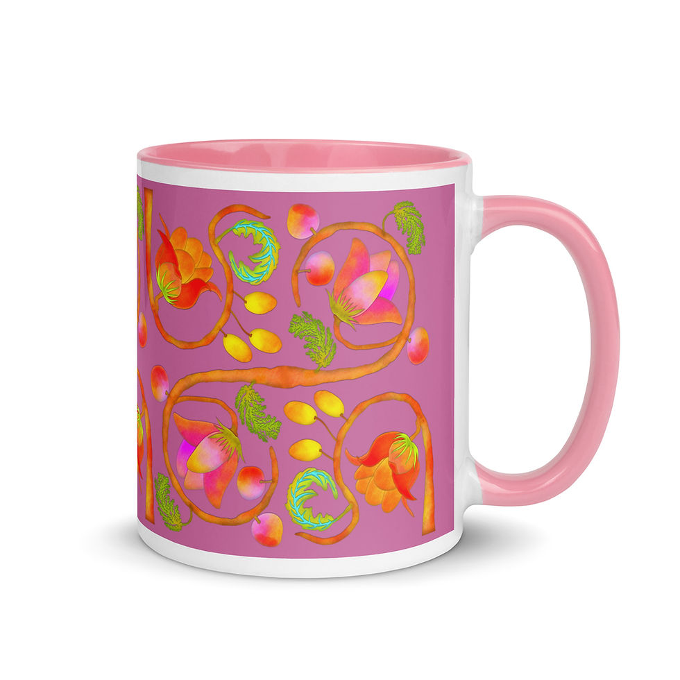 Thumbnail: Mug with Color Inside - Hand Painted Red Nature Motifs on Hopbush