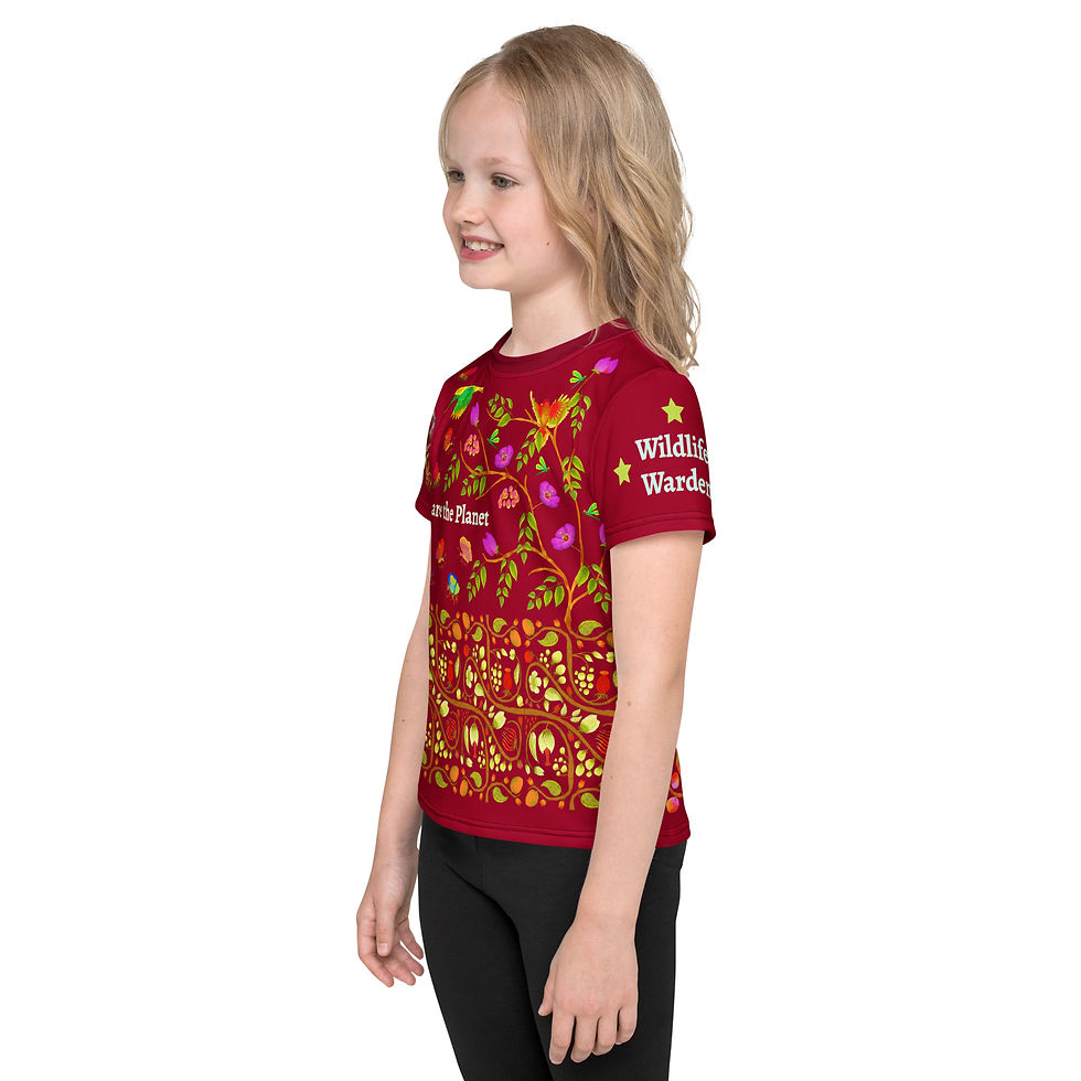 Thumbnail: Kids crew neck t-shirt - Hand Painted Nature Motifs on Carmine