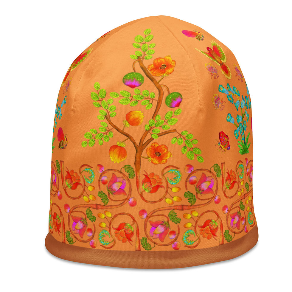 Thumbnail: All-Over Print Beanie - Hand Painted Nature Motifs on Texas Rose