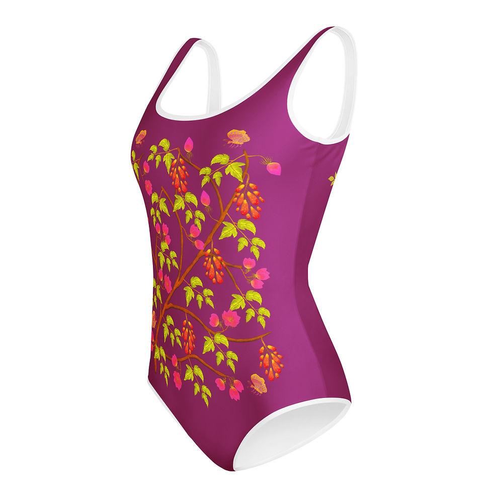Thumbnail: All-Over Print Youth Swimsuit - Hand Painted Nature Motifs on Red Violet