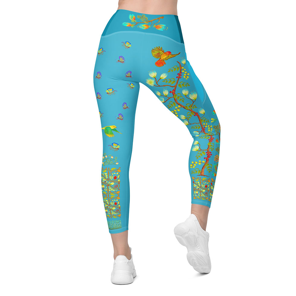 Thumbnail: Leggings with pockets - Hand Painted Nature Motifs on Bright Summer Sky