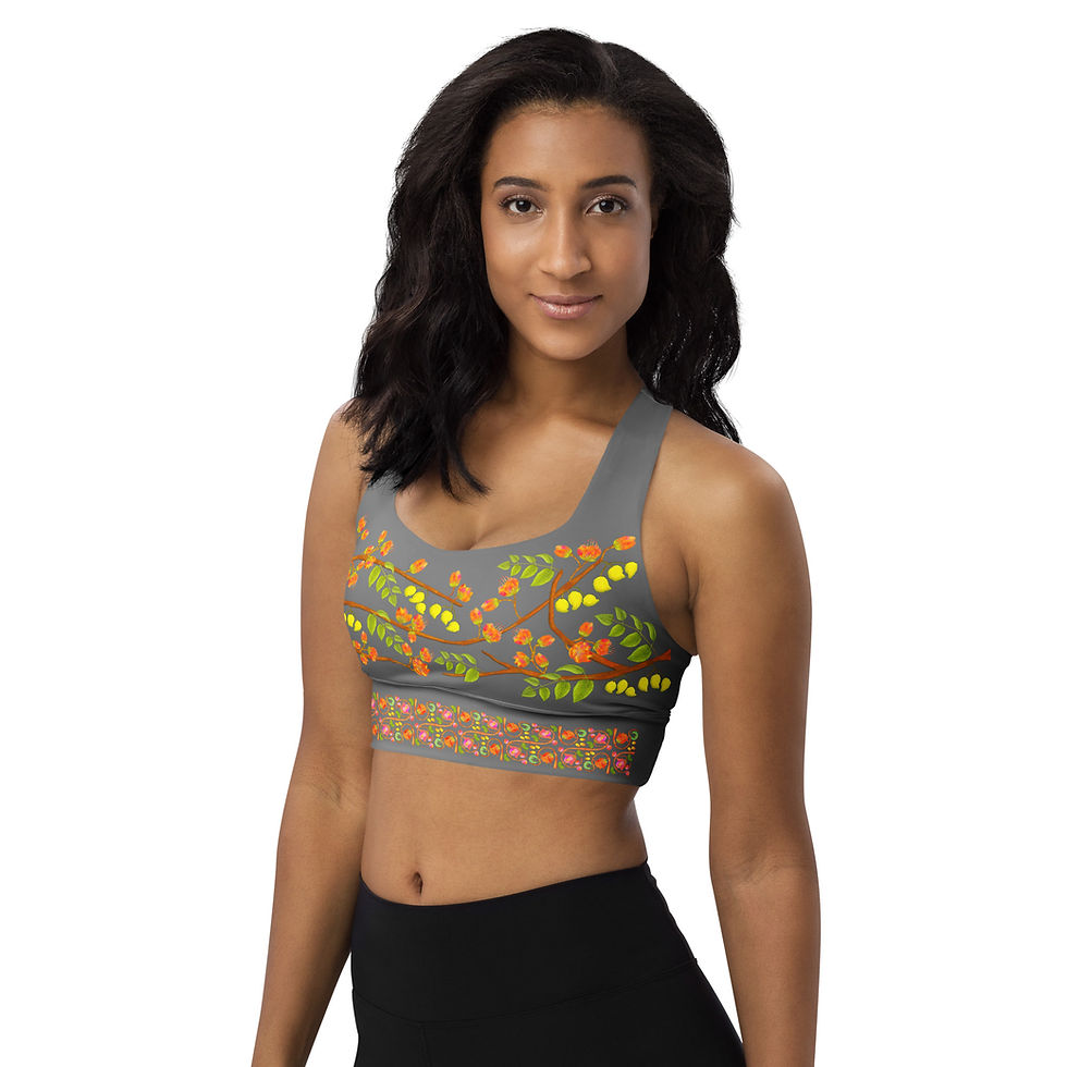 Thumbnail: Longline sports bra - Hand Painted and Printed Nature Motifs on Grey