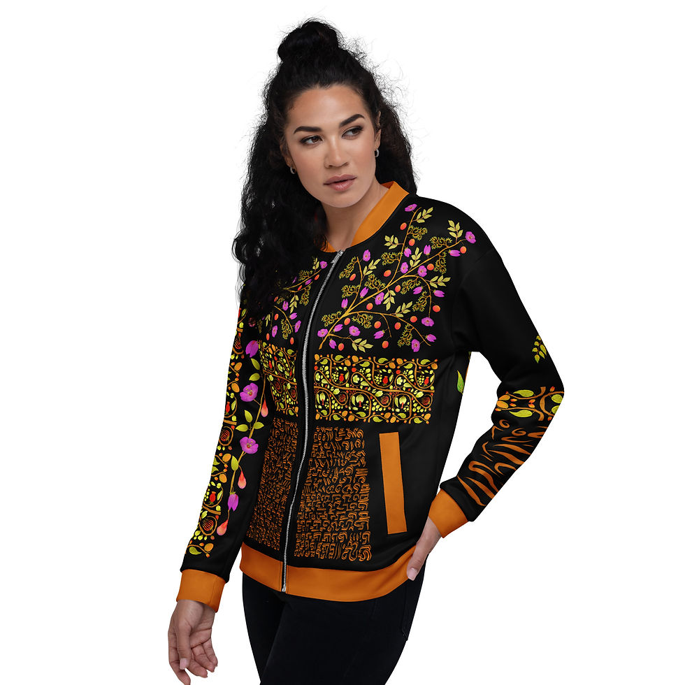 Thumbnail: Unisex Bomber Jacket - Hand Painted and Printed Nature Motifs on Black