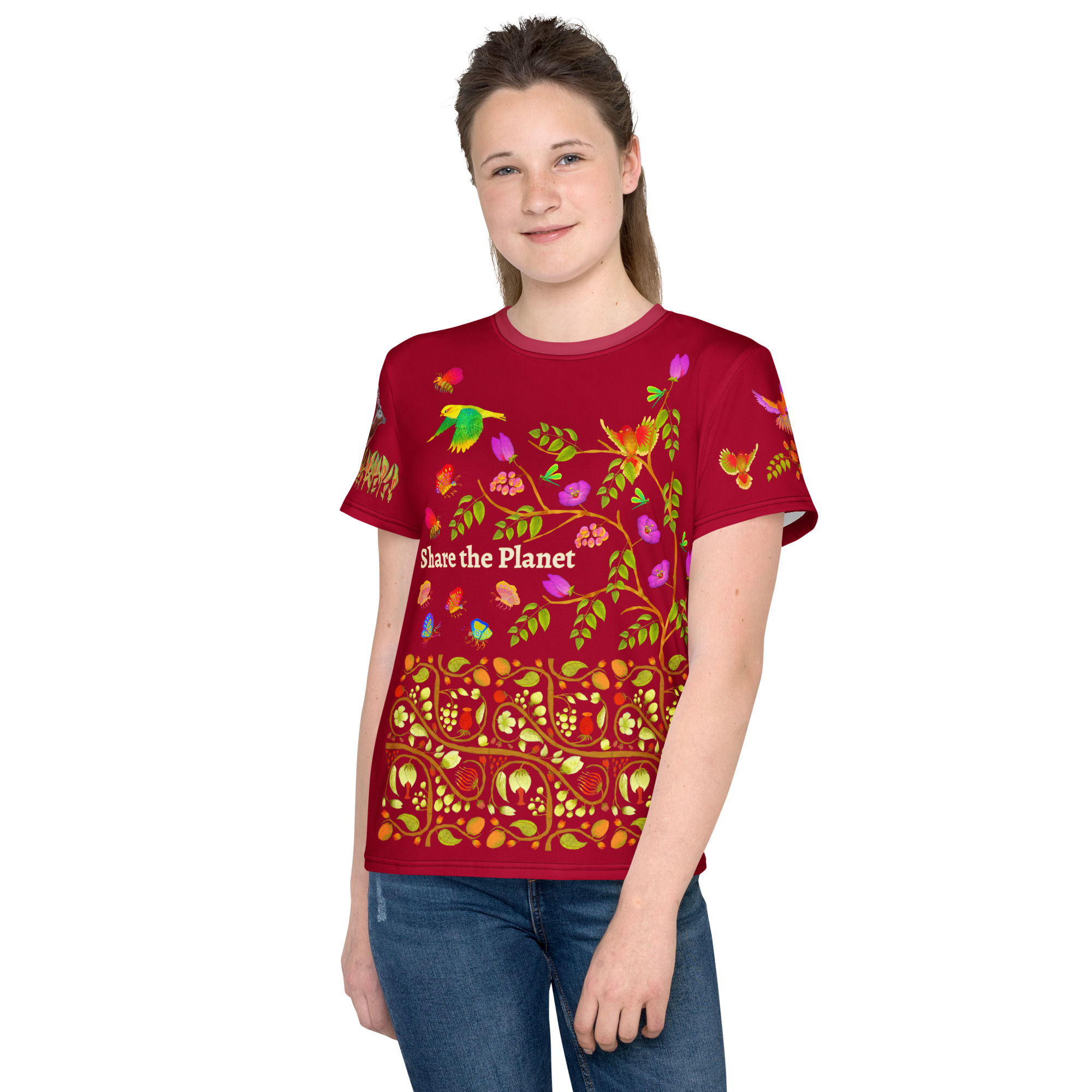 Youth crew neck t-shirt - Hand Painted Nature Motifs on Carmine