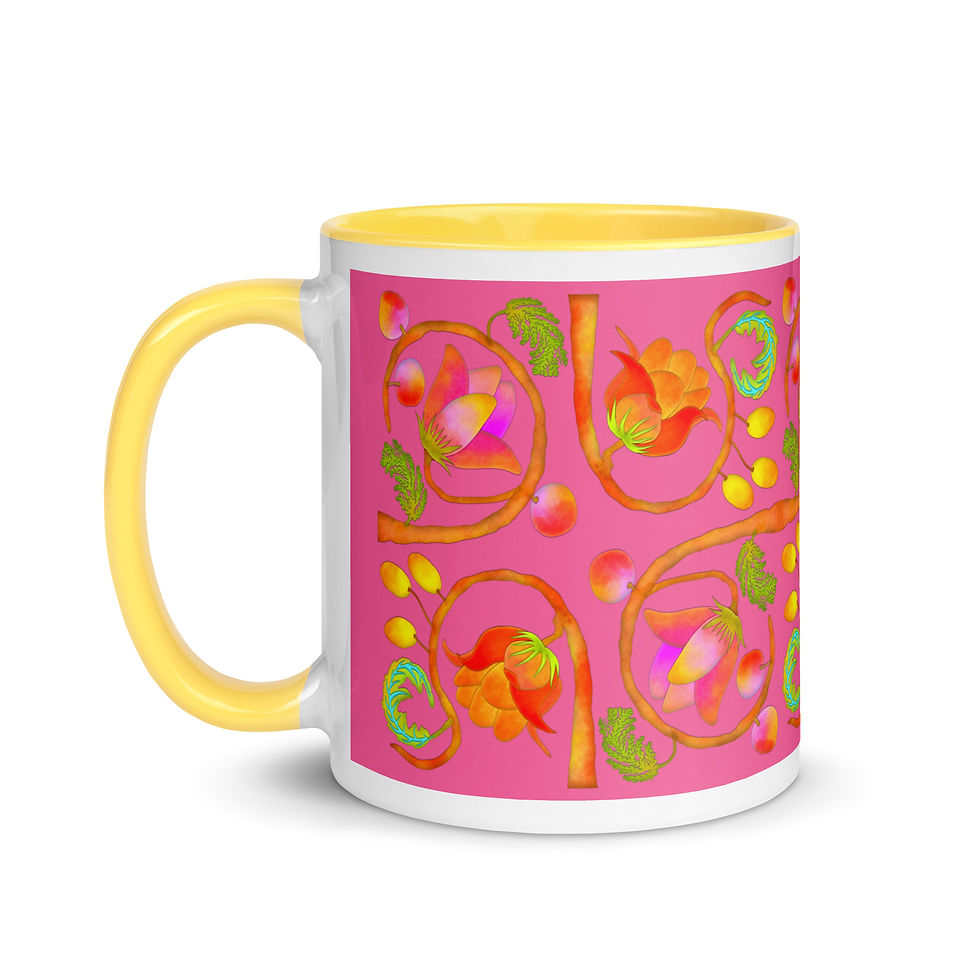 Thumbnail: Mug with Color Inside - Hand Painted Red Nature Motifs on Brilliant Rose
