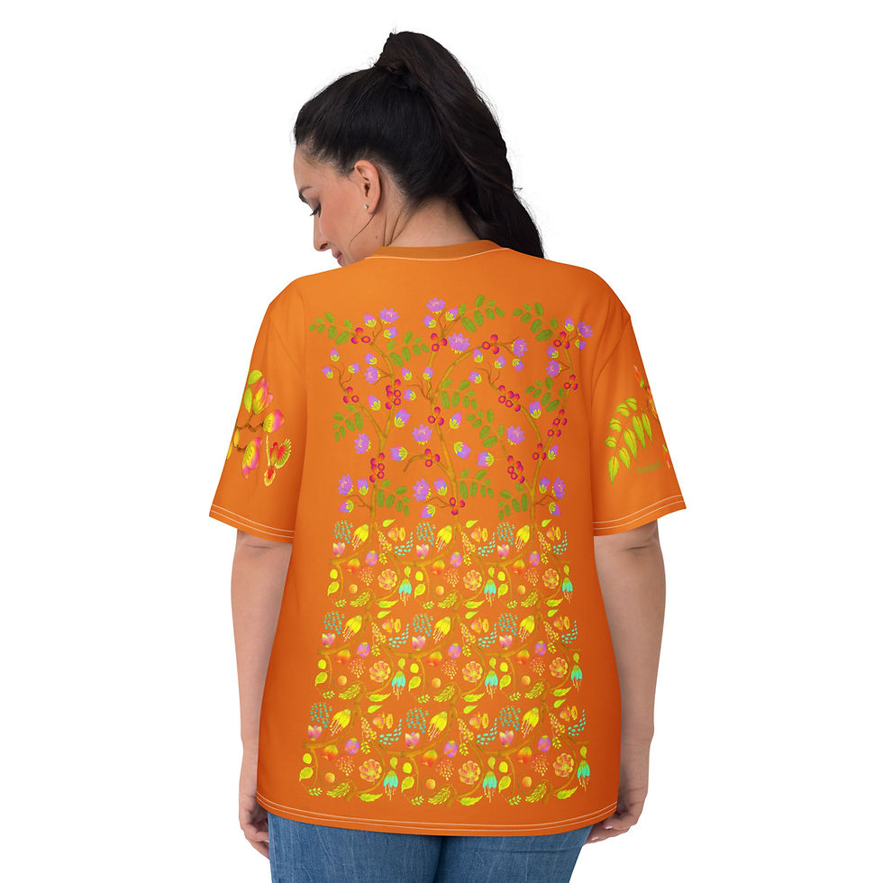 Thumbnail: Women's T-shirt - Hand Painted and Printed Nature Motifs on Mango Tango