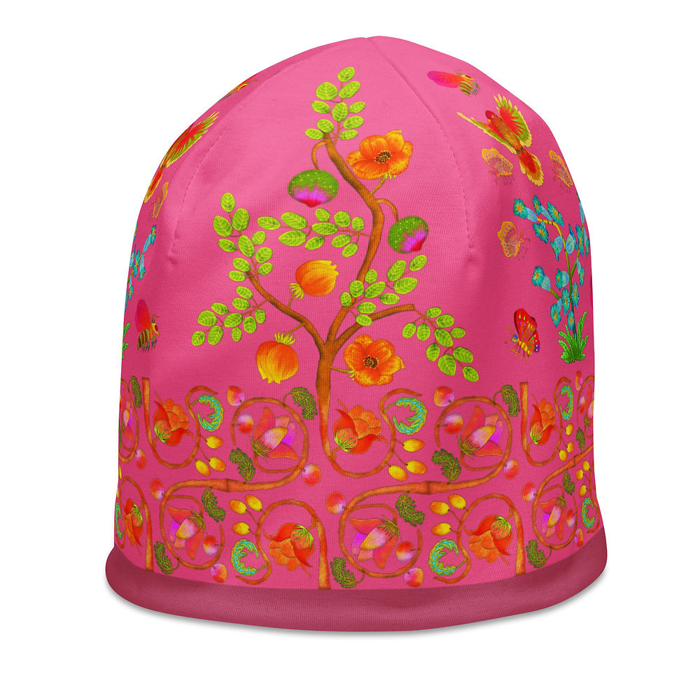 Thumbnail: All-Over Print Beanie - Hand Painted Nature Motifs on Brilliant Rose