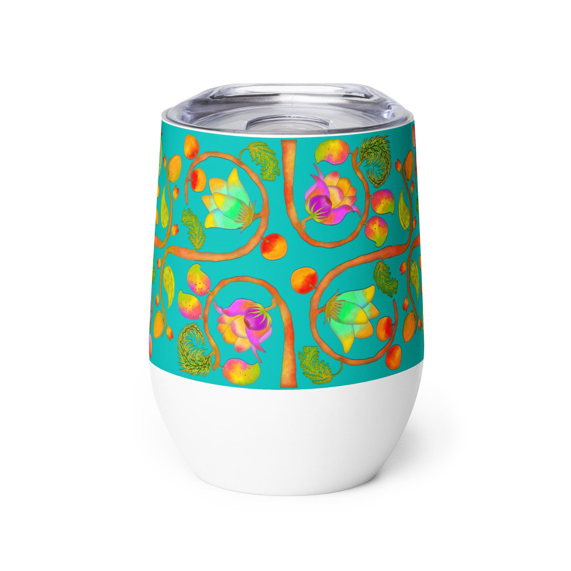 Wine tumbler - Hand Painted Red Nature Motifs on Iris Blue
