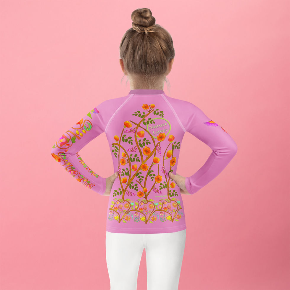 Thumbnail: Kids Rash Guard - Hand Painted Nature Motifs on Lavender Rose