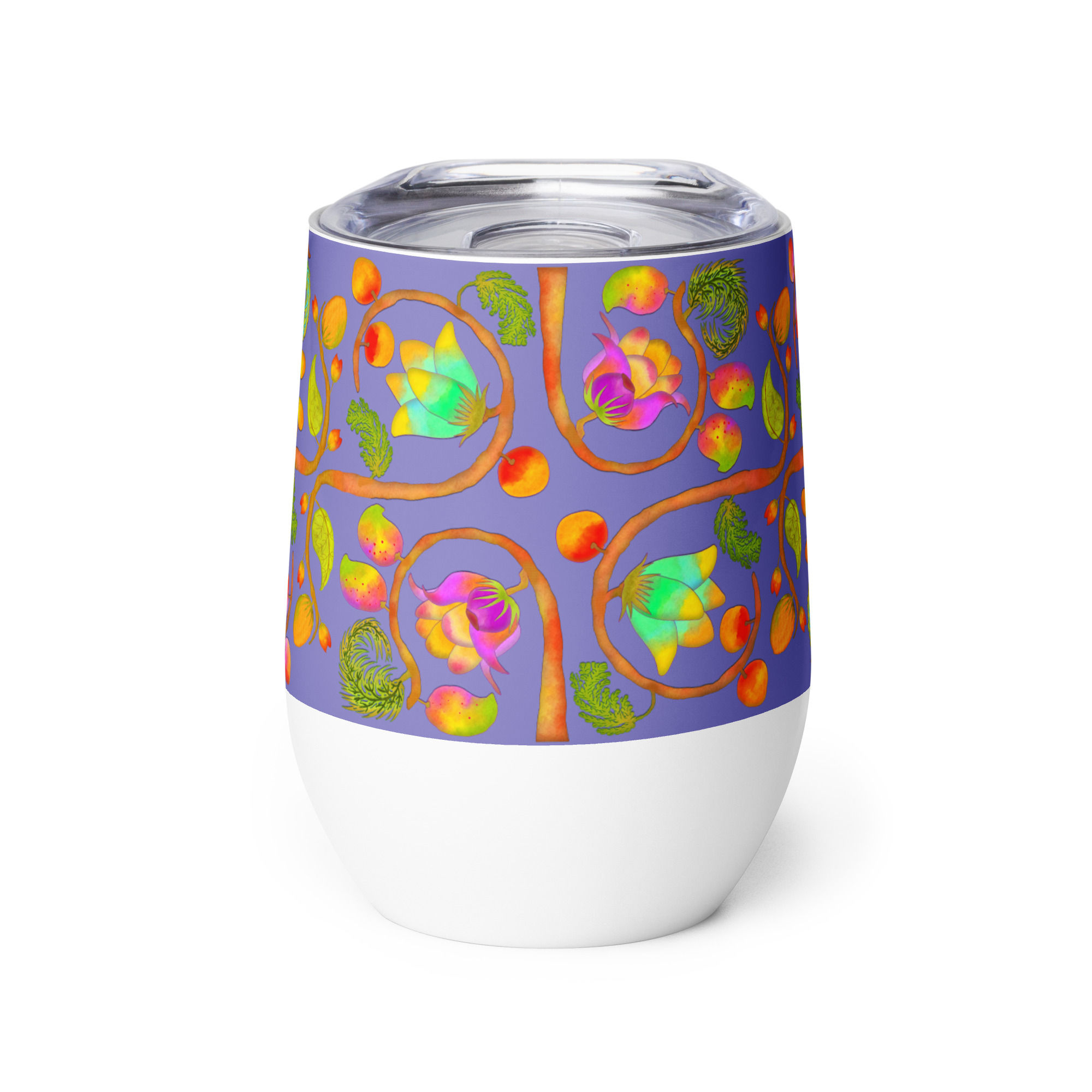 Wine tumbler - Hand Painted Red Nature Motifs on Moody Blue