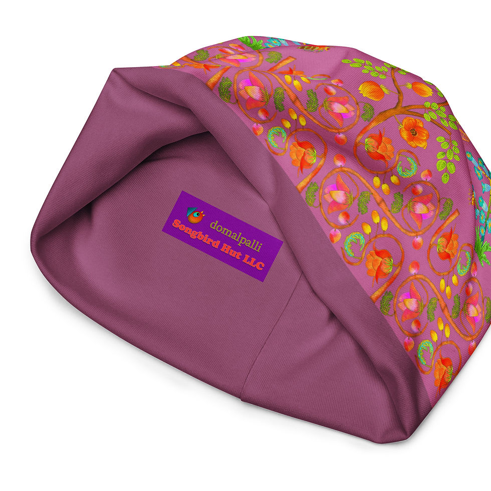 Thumbnail: All-Over Print Beanie - Hand Painted Nature Motifs on Hopbush