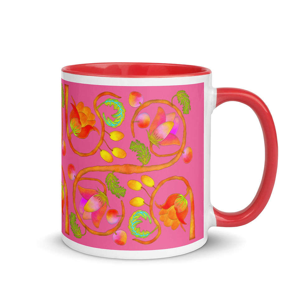 Thumbnail: Mug with Color Inside - Hand Painted Red Nature Motifs on Brilliant Rose